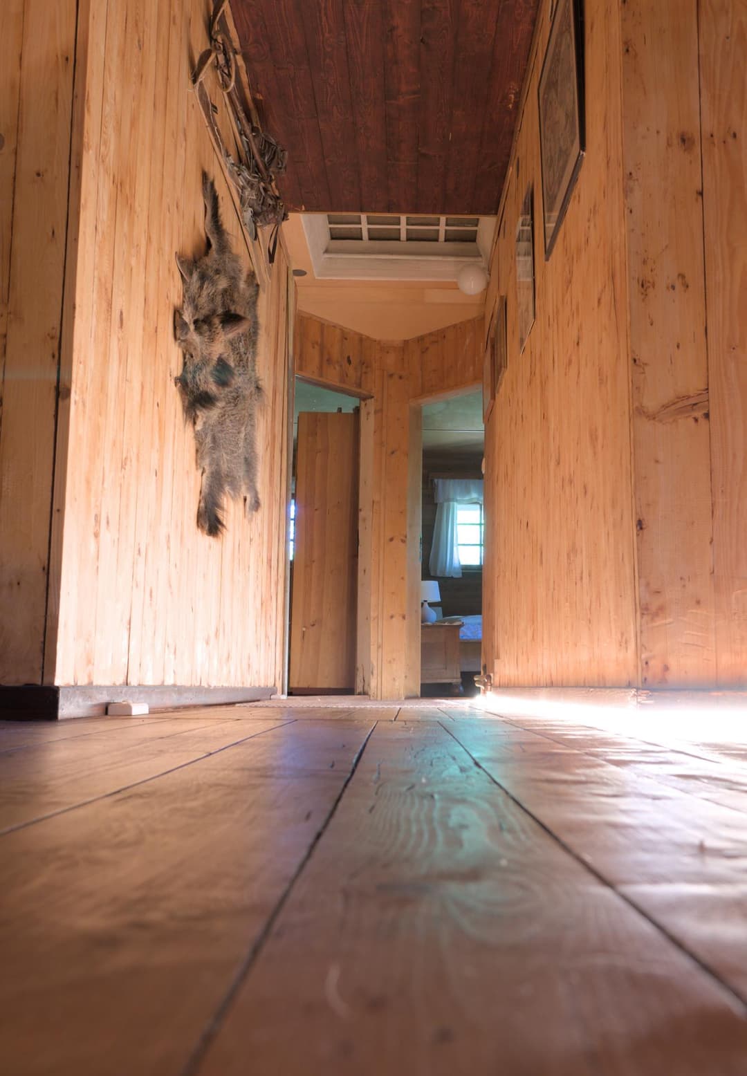 Flur mit alten Holzdielen und moderner Beleuchtung, mit Blick auf die Schlafzimmer